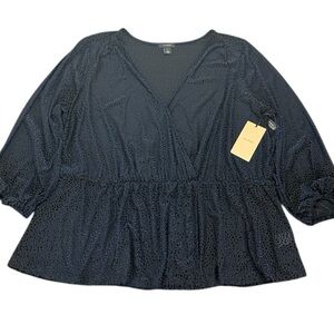 Halogen Navy Flocked‎ Oval Surplice Peplum Top 1X